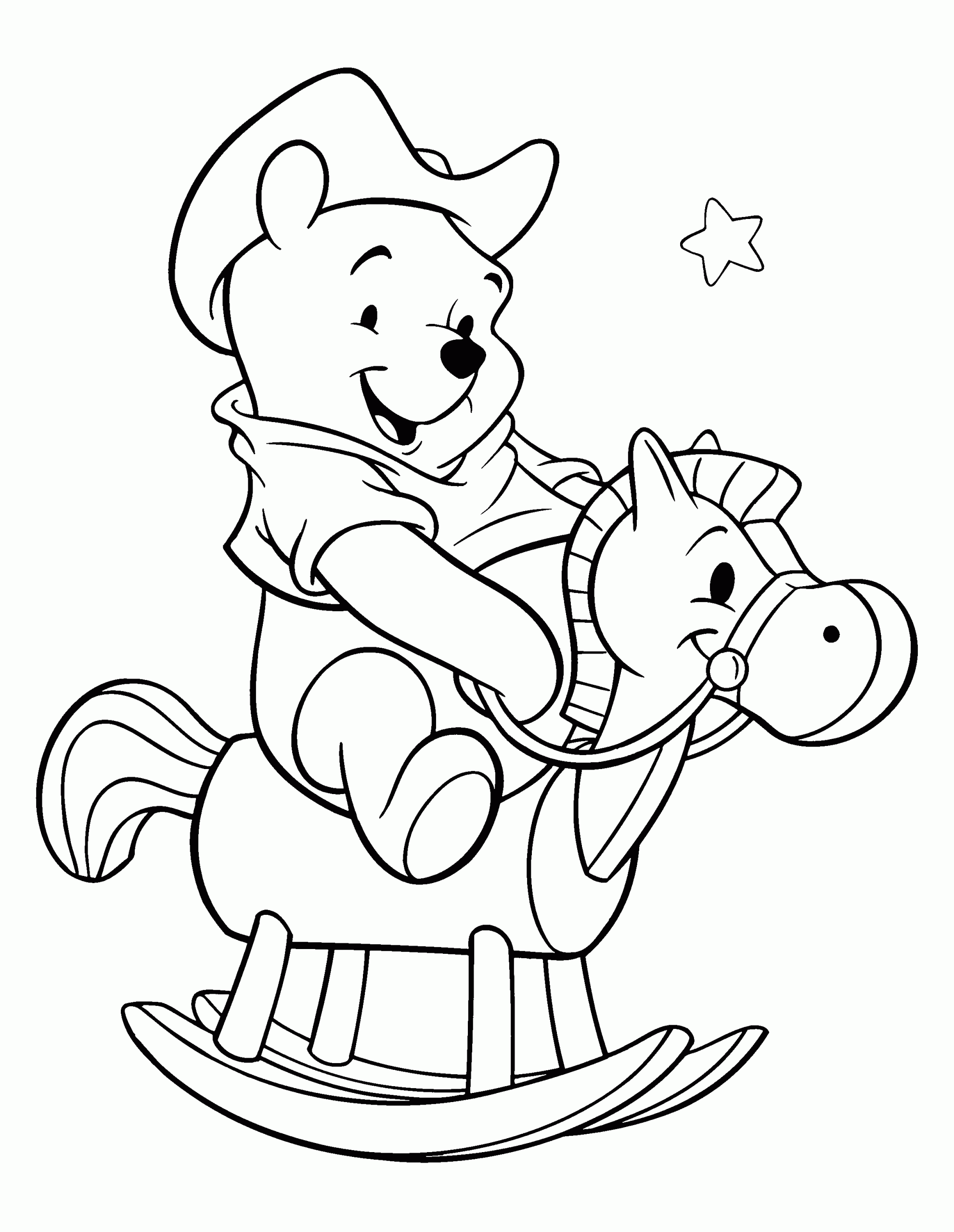 Baby Winnie The Pooh With Wood Horse Coloring Page