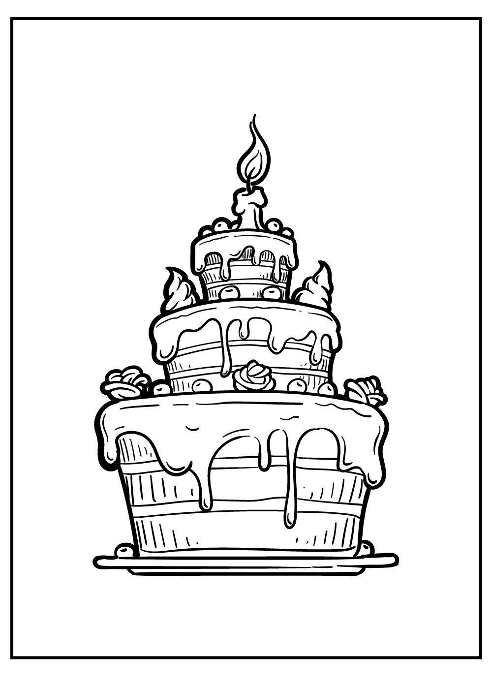 Birthday Cake And Fruits For Party Coloring Page