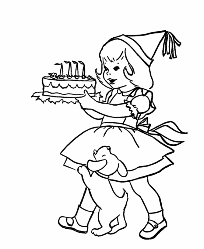 Printable Birthday Cake And Nice Girl Coloring Page