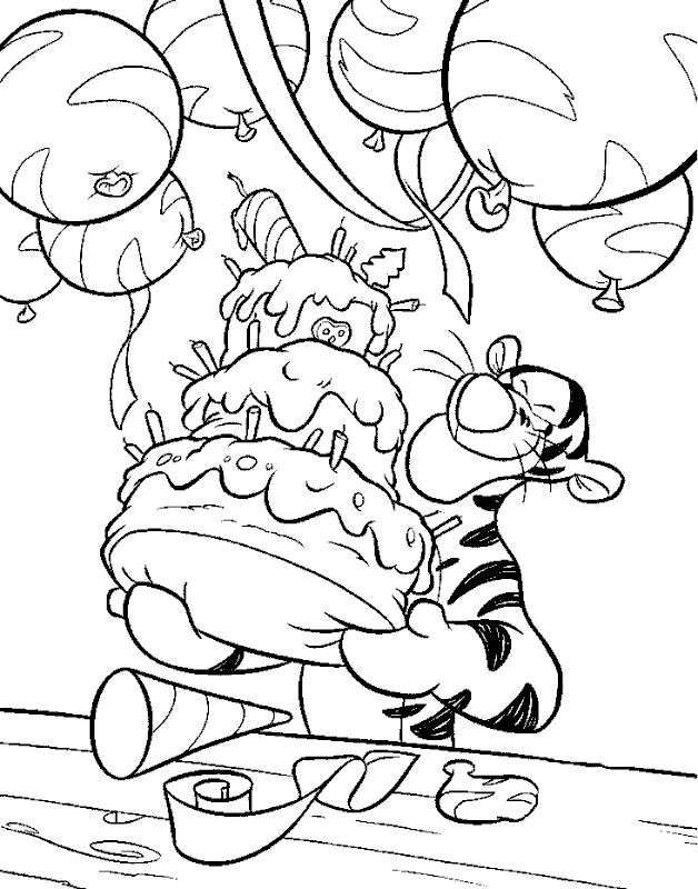 Cute Birthday Cake With Tiger Coloring Page
