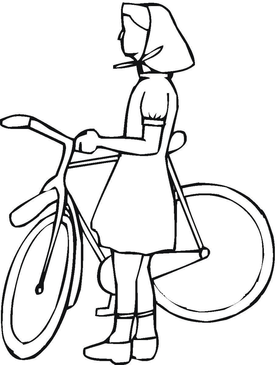 Village Girl With Bicycle Coloring Page