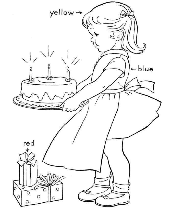 Birthday Cake With Girl Coloring Page
