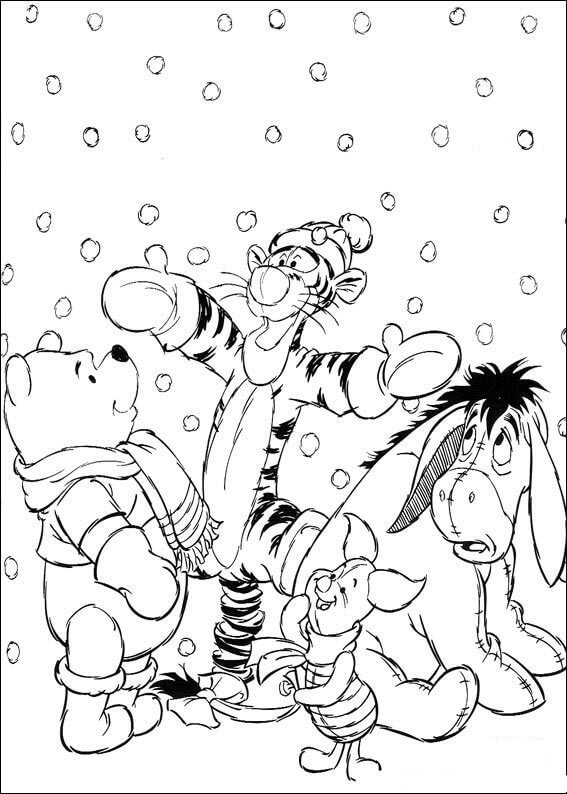 Baby Winnie The Pooh In A Snow Rain Coloring Page