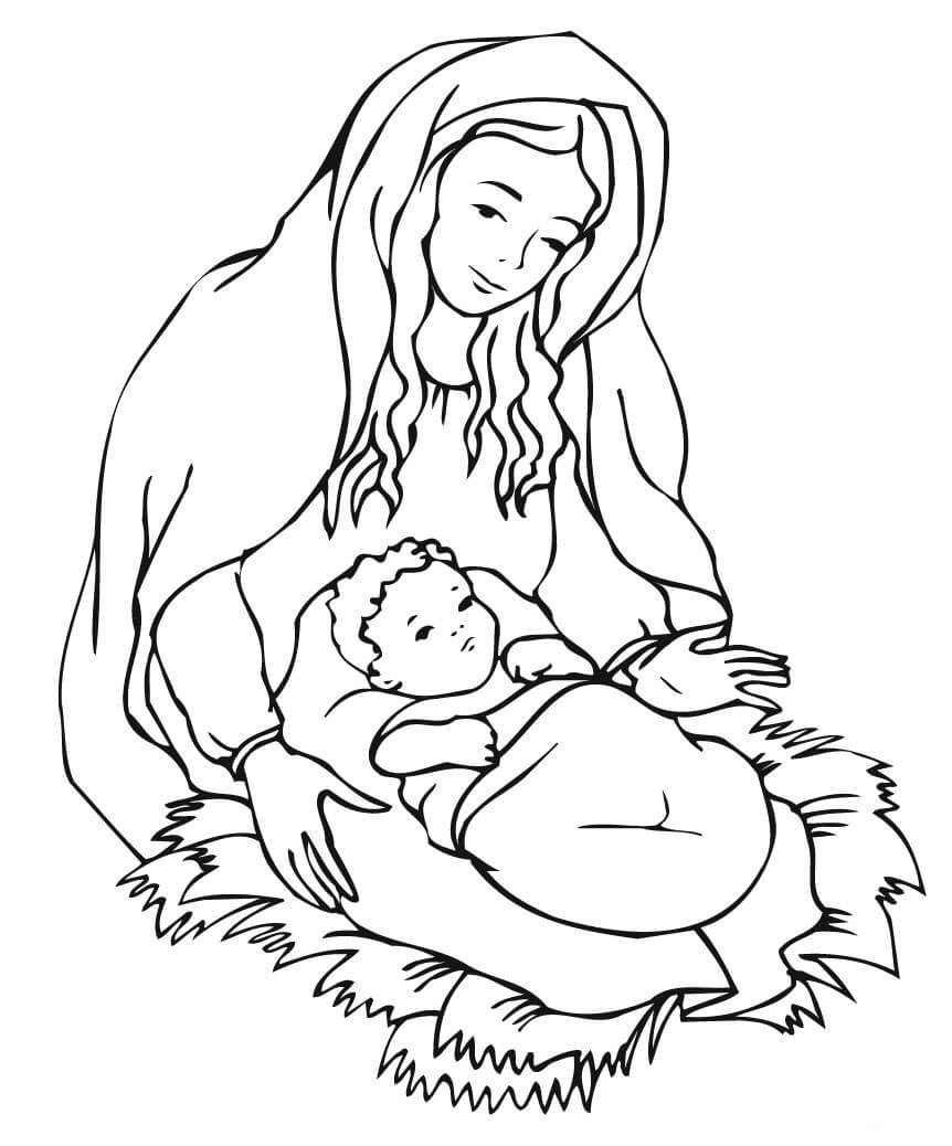 Mary Looking Over Jesus Coloring Page