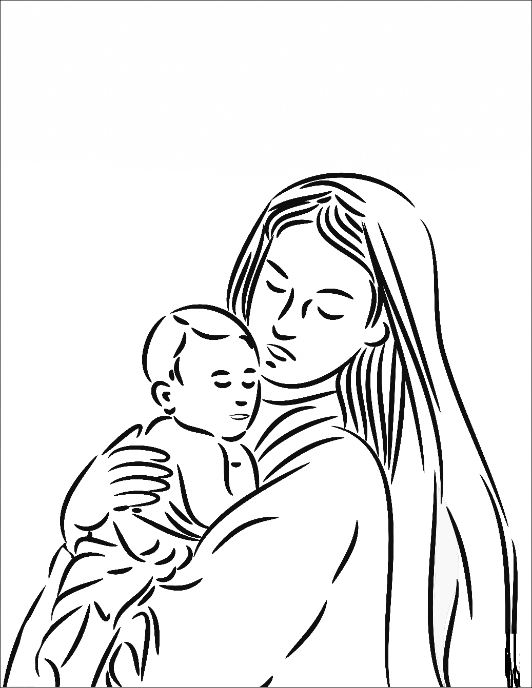 Mother Mary With Cute Baby Jesus Coloring Page