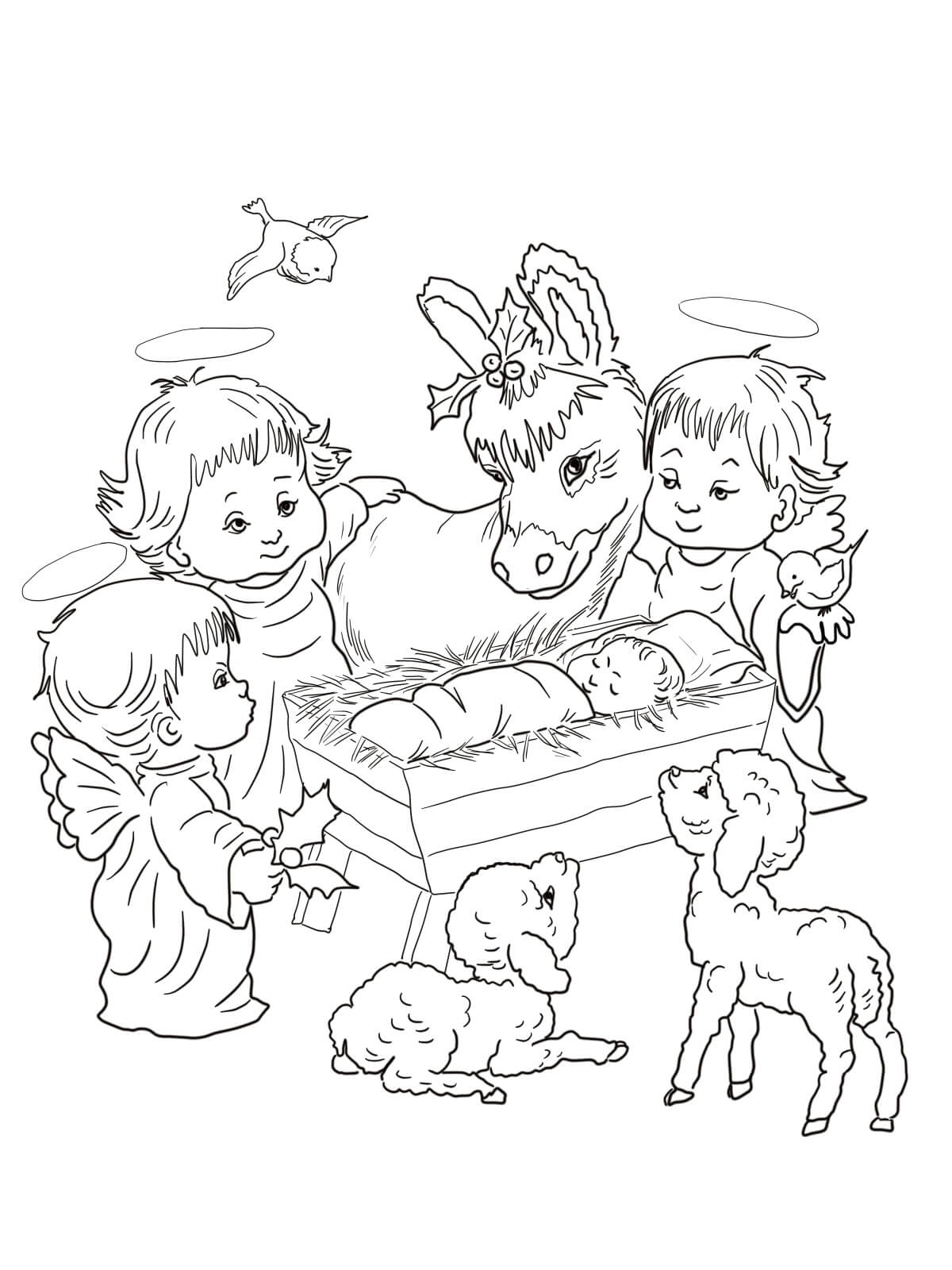 Baby Jesus And Animals Coloring Page