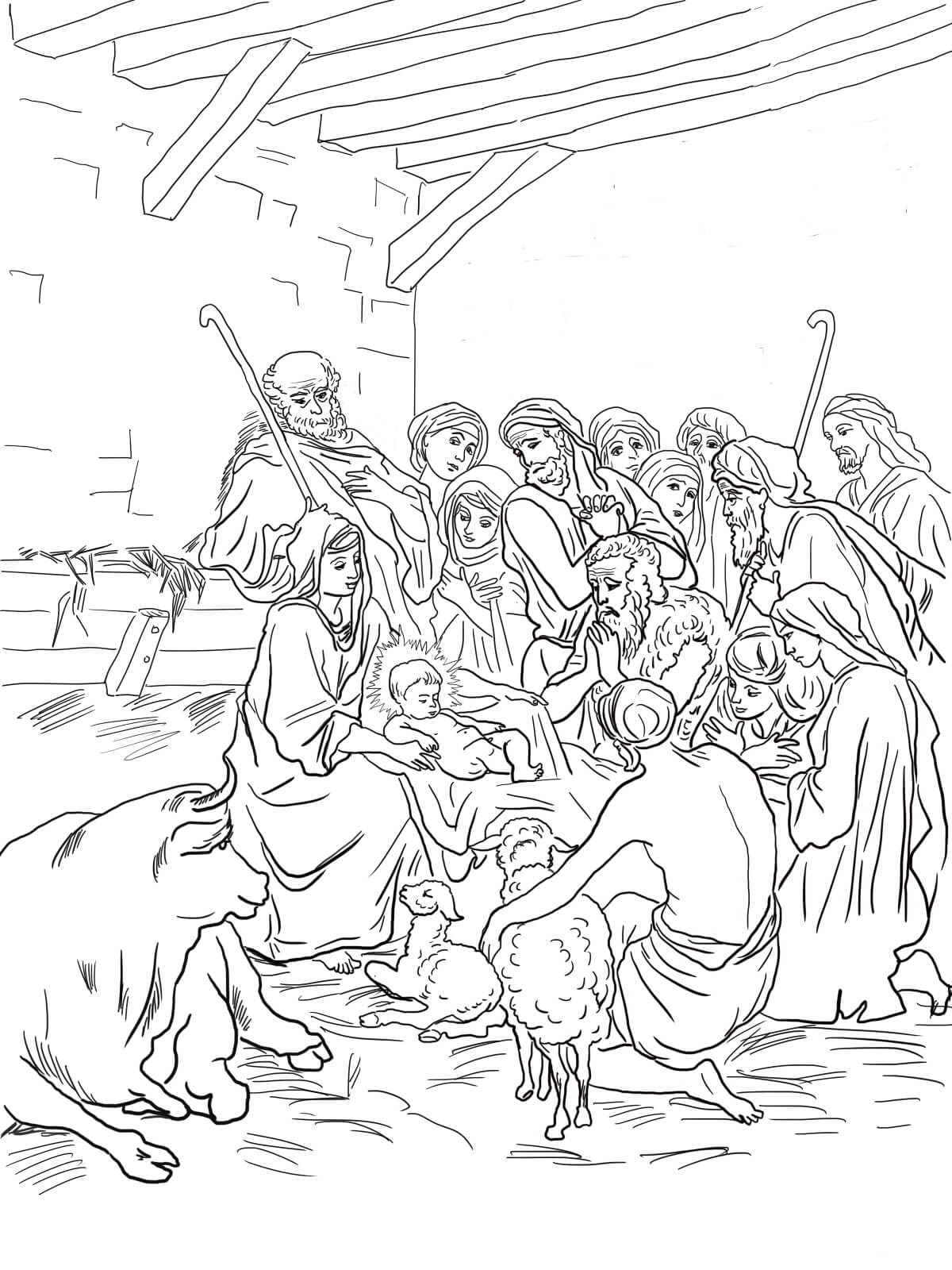 Baby Jesus With Holy Family Shepherds Coloring Page