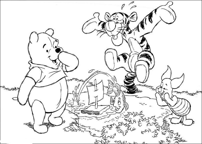 Baby Winnie The Pooh Playing In The Lake Coloring Page