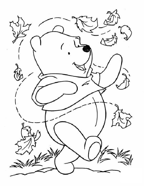 Baby Winnie The Pooh And Leaves Coloring Page