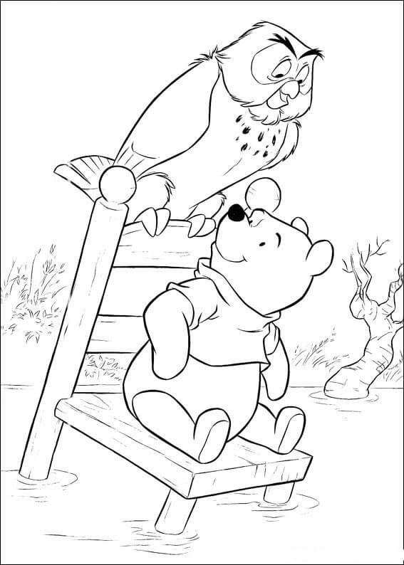 Baby Winnie The Pooh And Owl In Lake Coloring Page