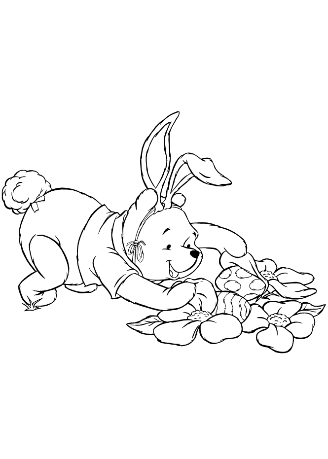 Baby Winnie The Pooh Is Hunting Fro Easter Eggs Coloring Page
