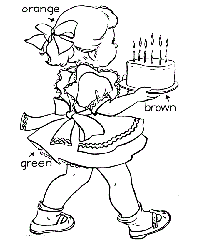 Birthday Cake And Girl Coloring Page