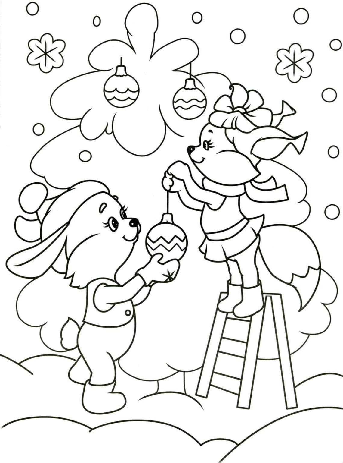 Christmas Tree Decoration With Rabbit Coloring Page