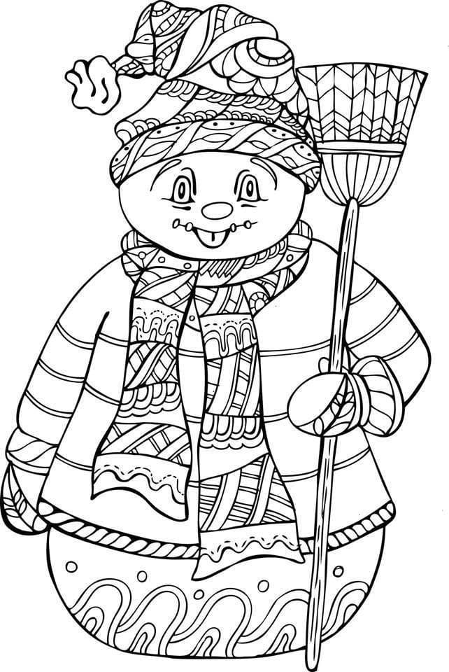 Dressed Snowman With Broom Coloring Page
