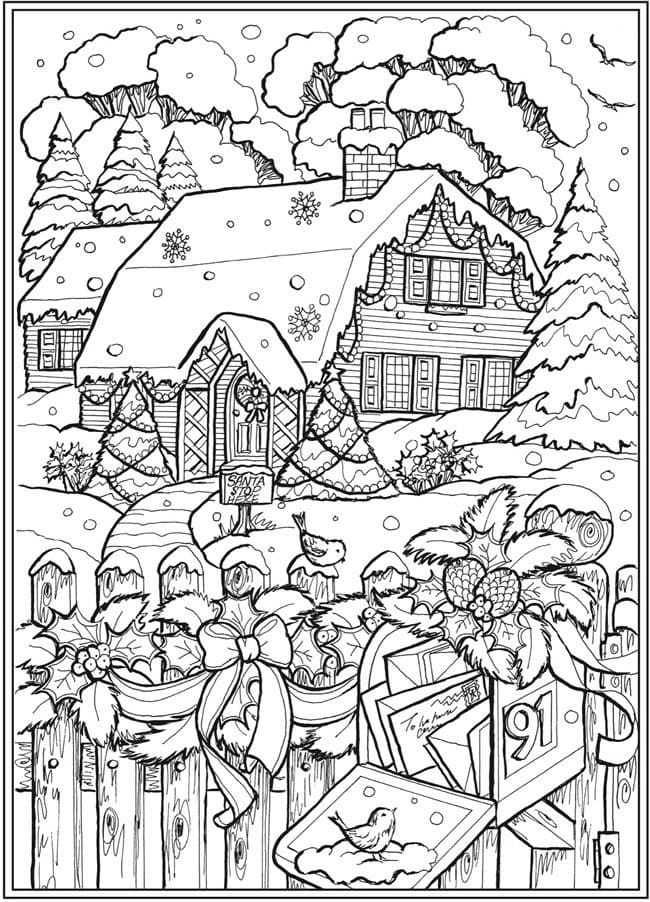 Houses And Trees Are Strewn With Snow Coloring Page