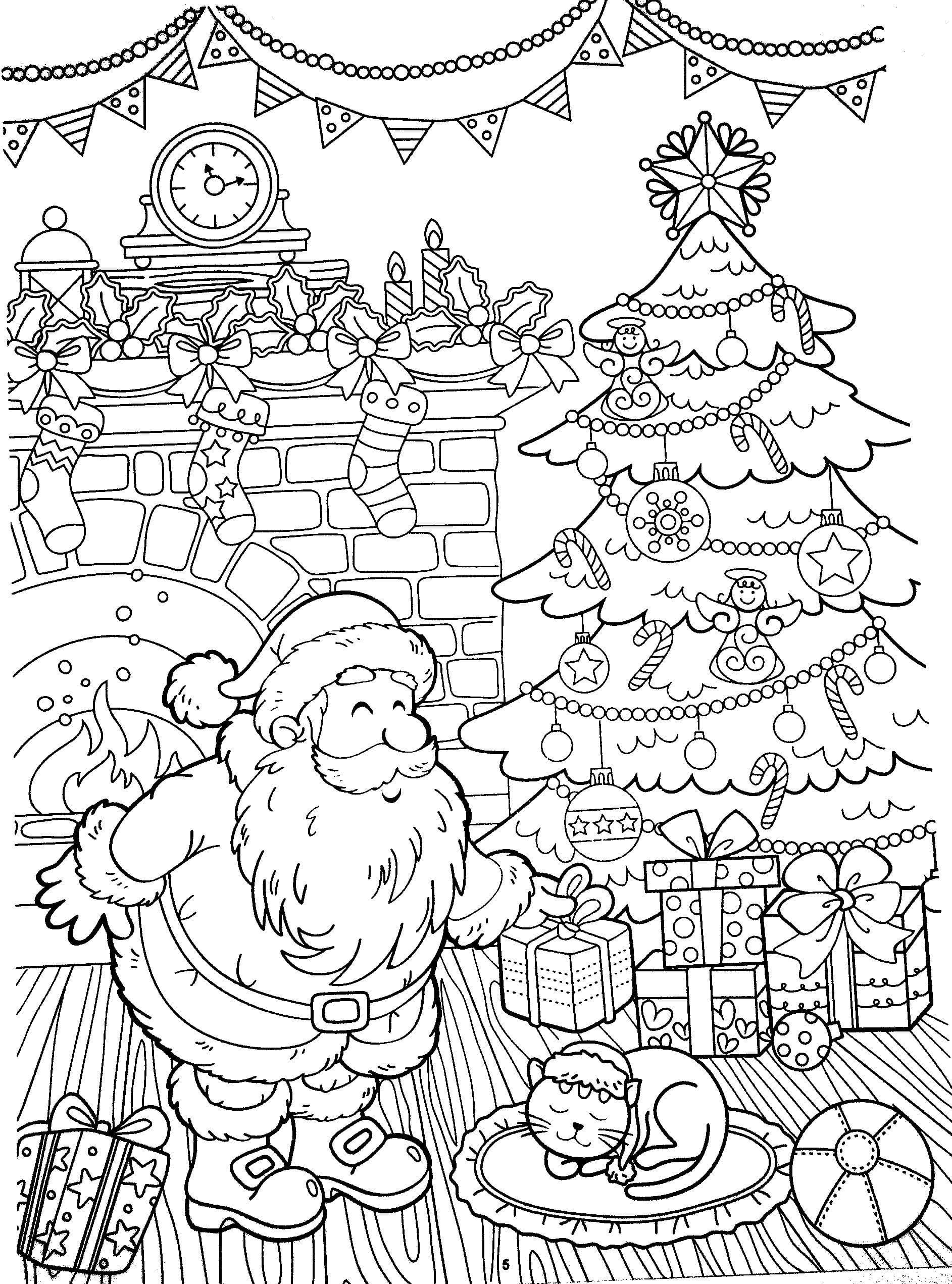 Kind Santa Claus Takes Care Of His Cat Coloring Page