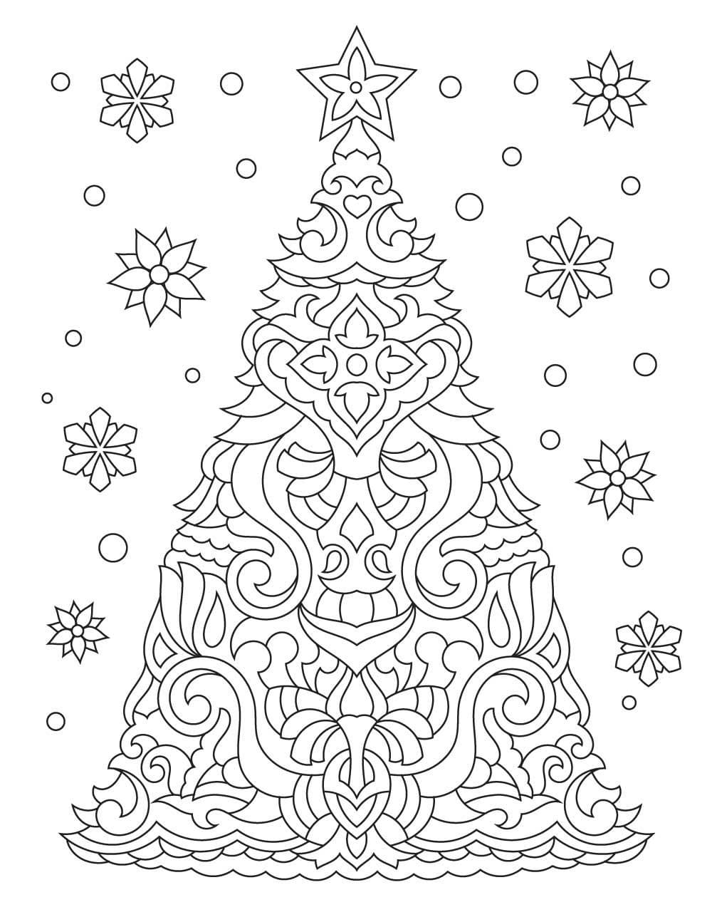 Snowfall Decorated Christmas Tree Coloring Page