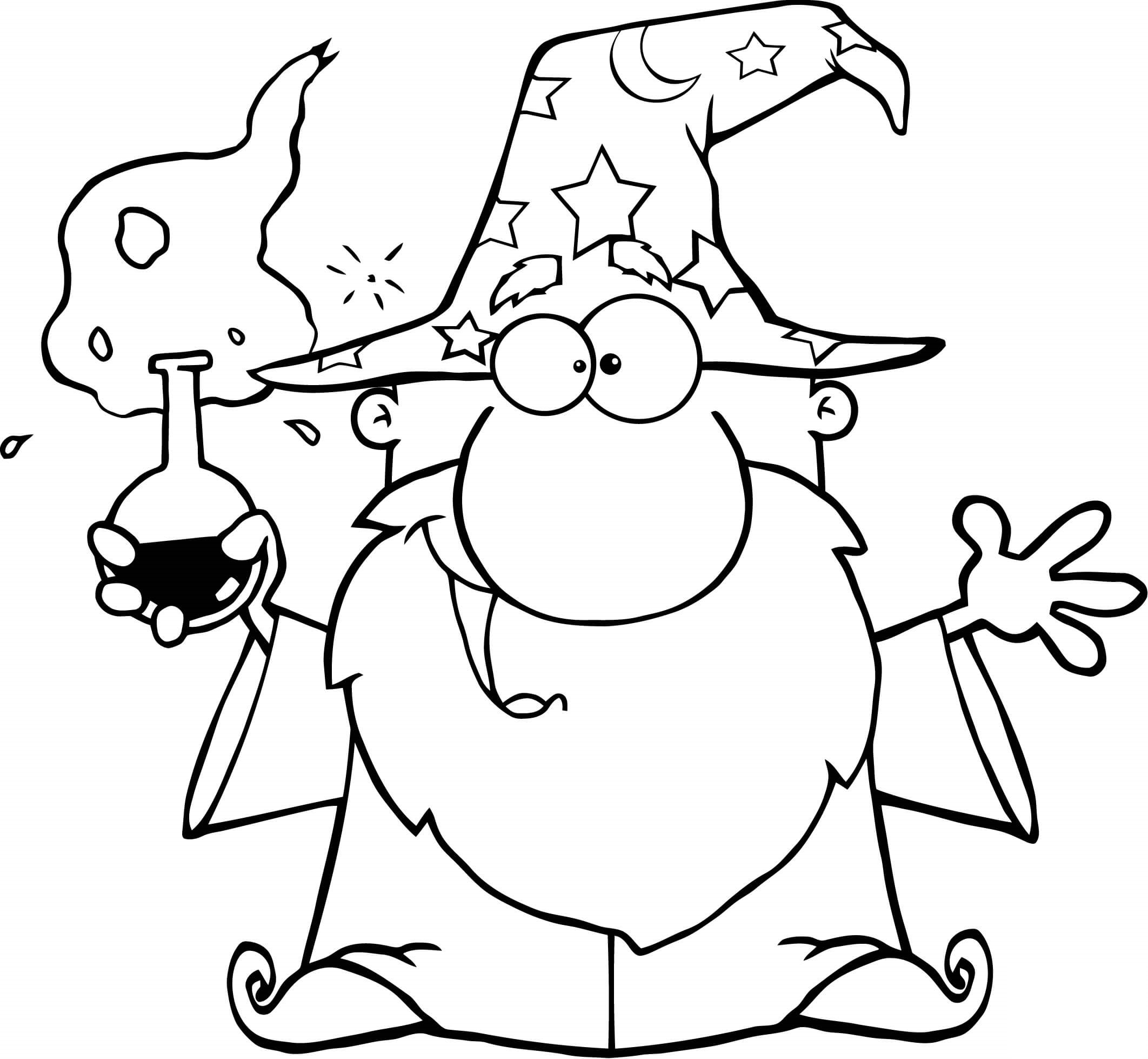 Crazy Wizard Holding A Green Magic Potion Coloring Page