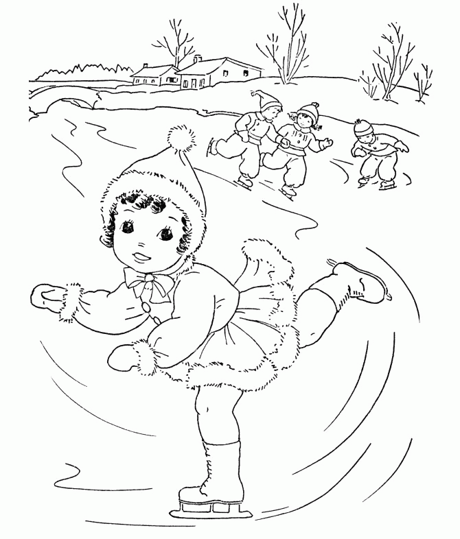 Baby Girl Plays Ice Skating Coloring Page