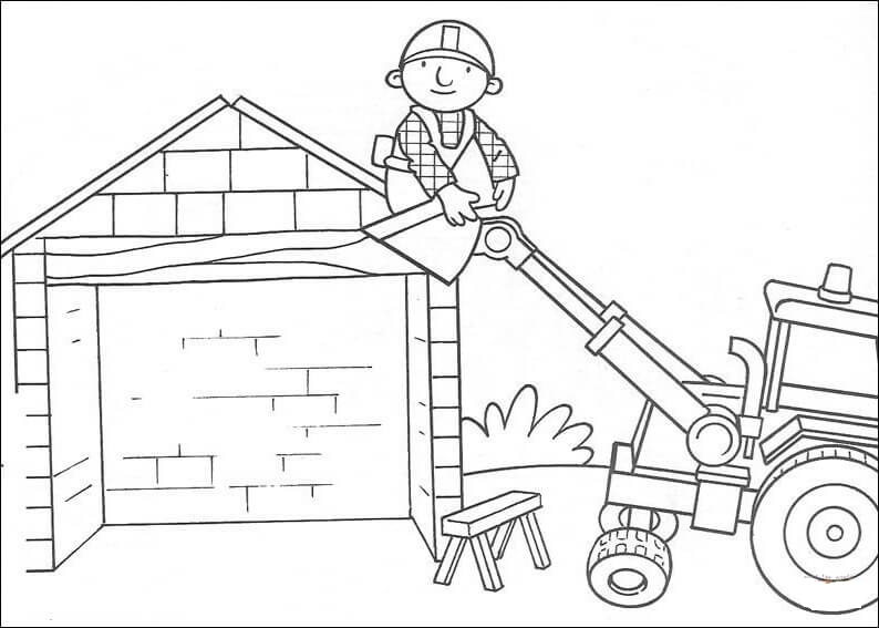 Scoop Helps Bob To Go Up On Roof Coloring Page
