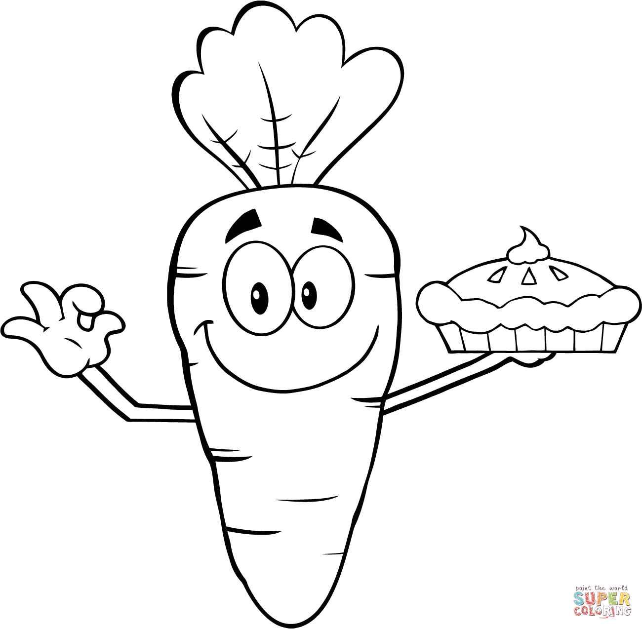 Smiling Cartoon Carrot Holding Up A Pie
