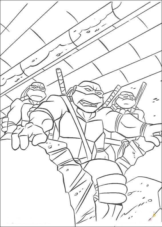 Three Tmnt In Action Coloring Page