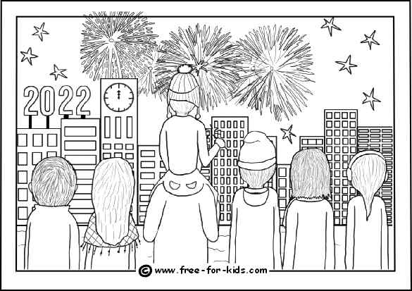 2023 New Year Fireworks Crowd Coloring Page