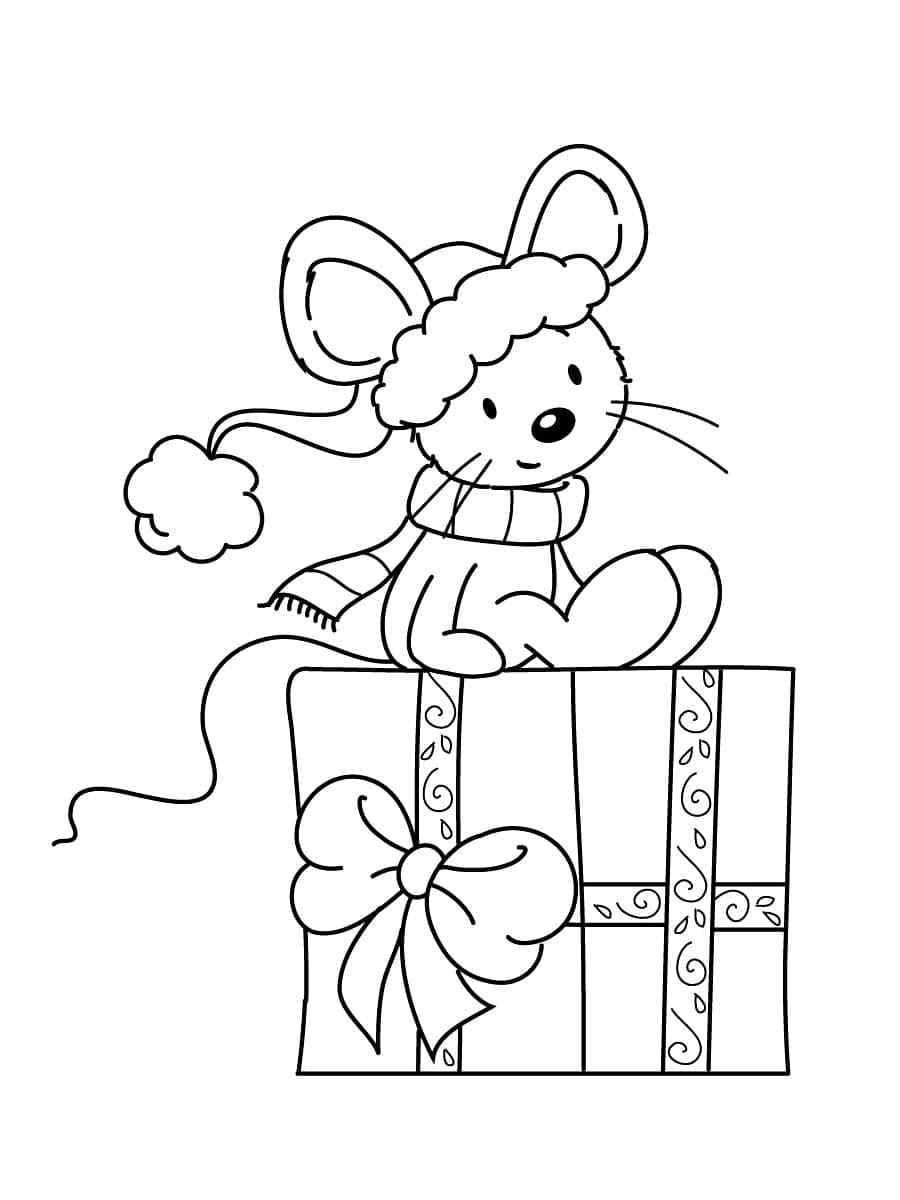 Bunny In A Cap Is Guarding A Christmas gift Coloring Page