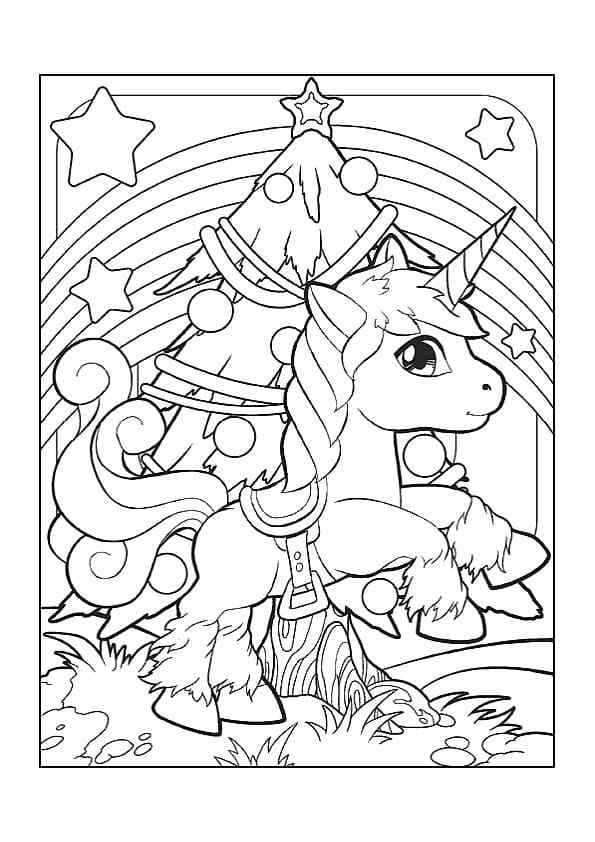 Unicorn Jumps Near The Christmas Tree Coloring Page