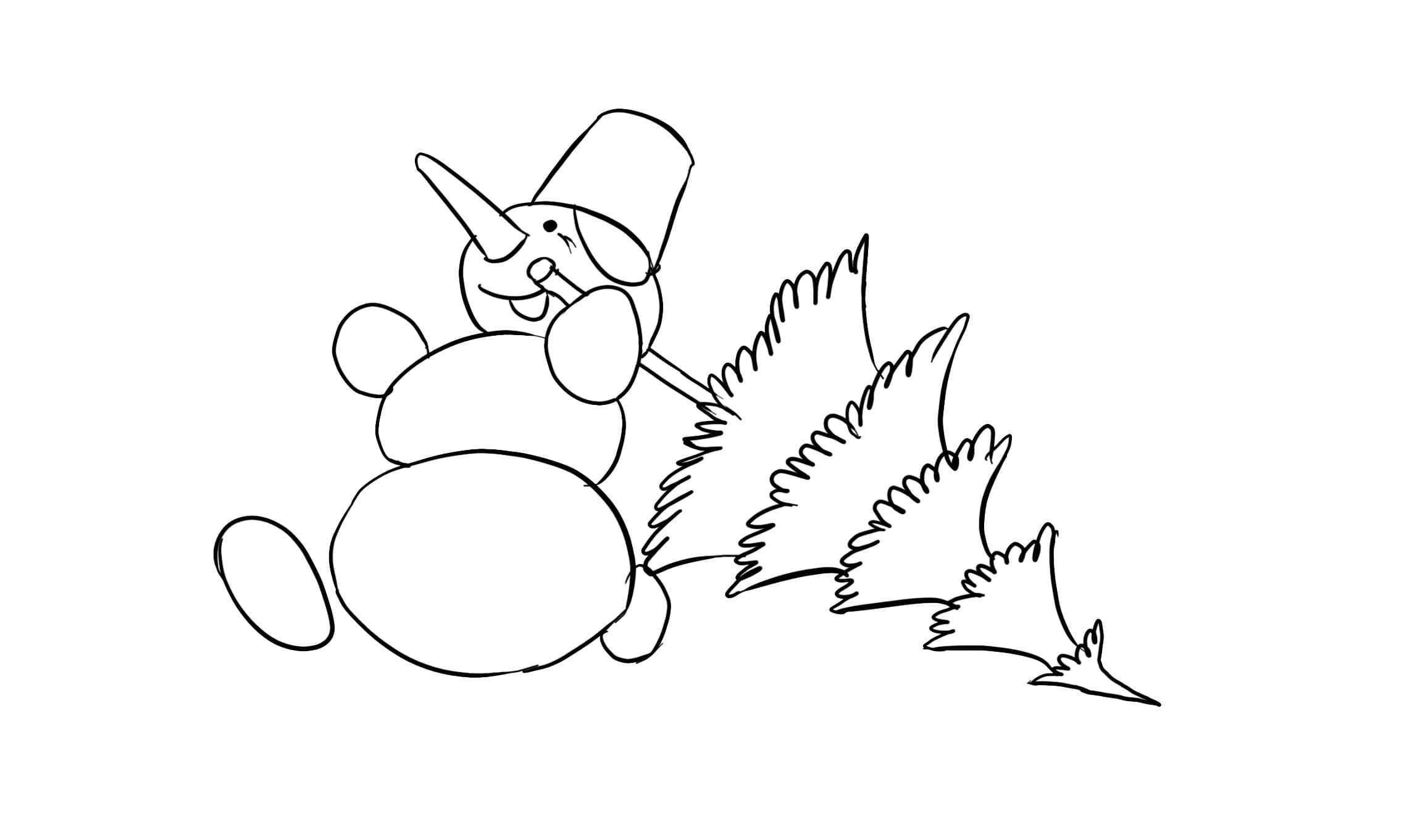 A Snowman Drags A Christmas Tree Coloring Page