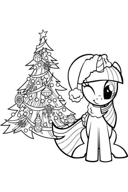 Unicorn Near The Christmas tree Coloring Page