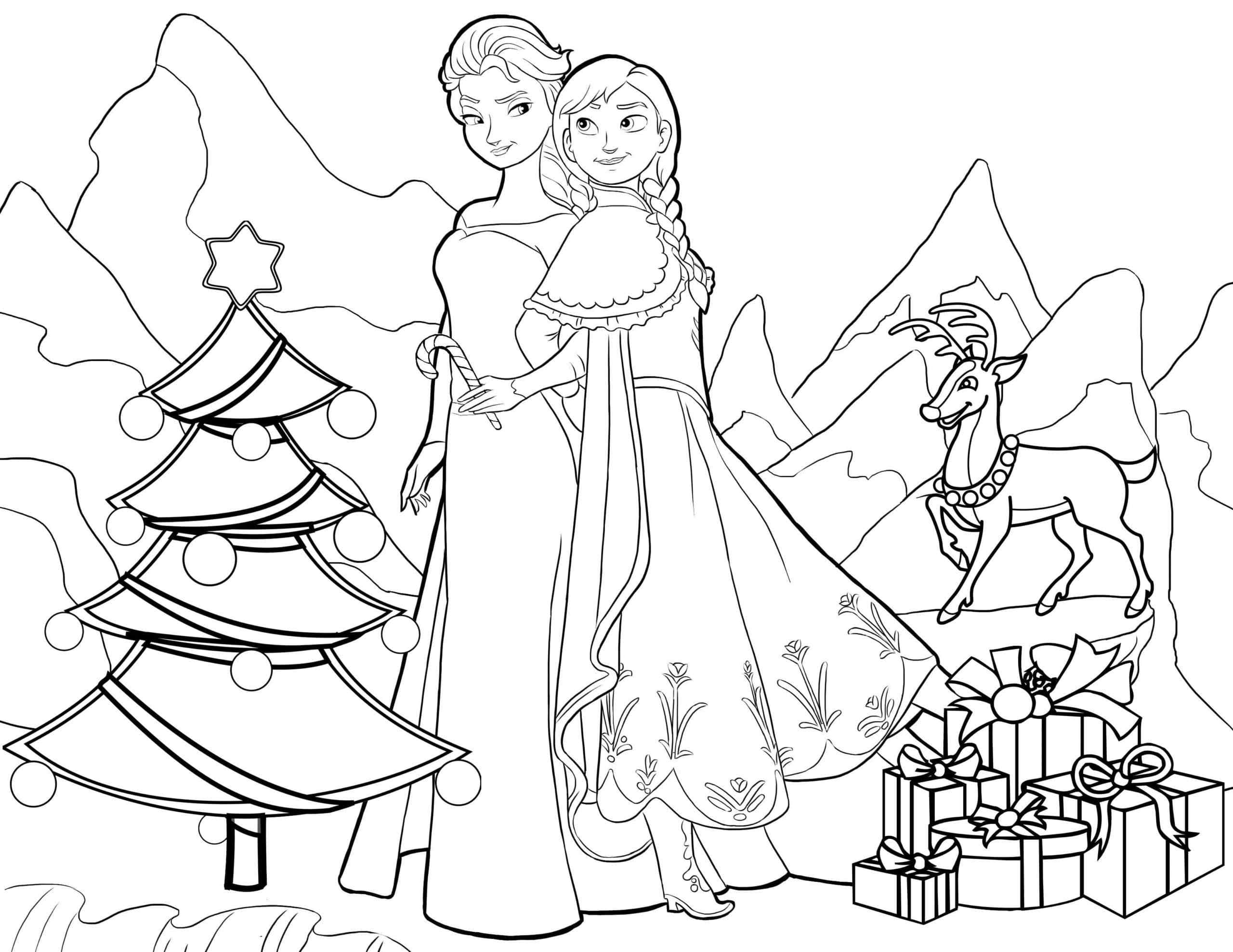 Anna And Elsa In A Snowy Christmas Tale Coloring Page