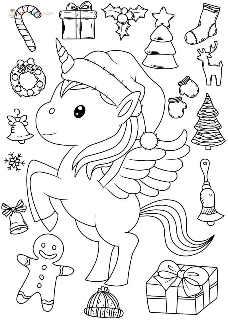 Christmas Unicorn For Children Coloring Page