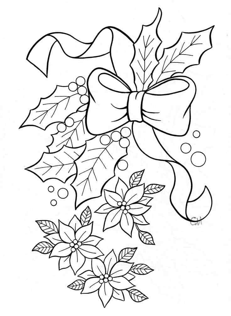 Christmas Flowers With A Bow Coloring Page