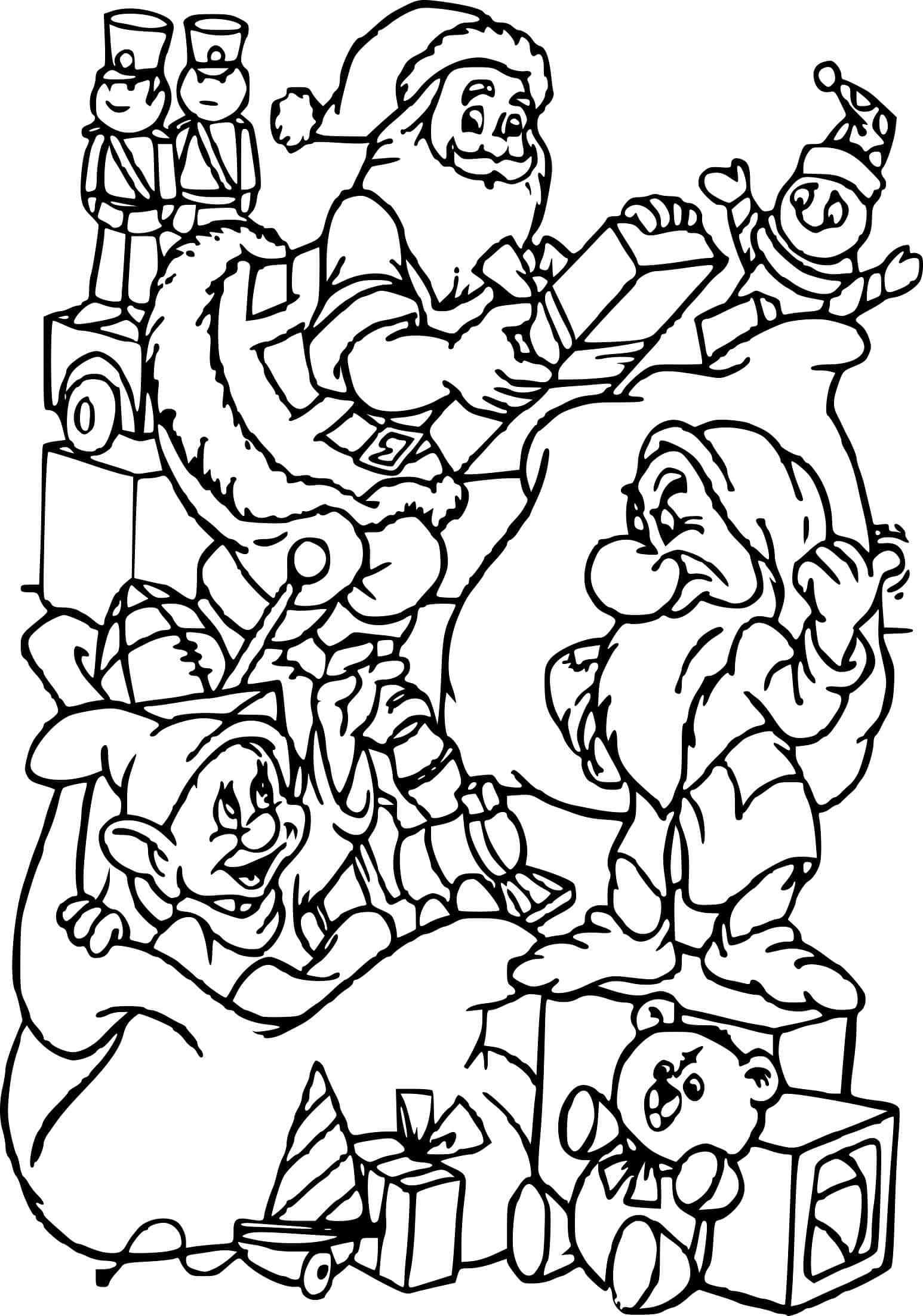 Dwarfs Help Santa Claus Collect Gifts Coloring Page
