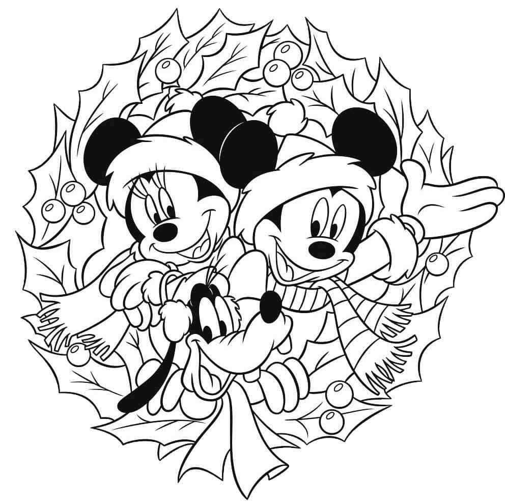 Goofy Mickey and Mini weaved A Christmas Wreath Coloring Page