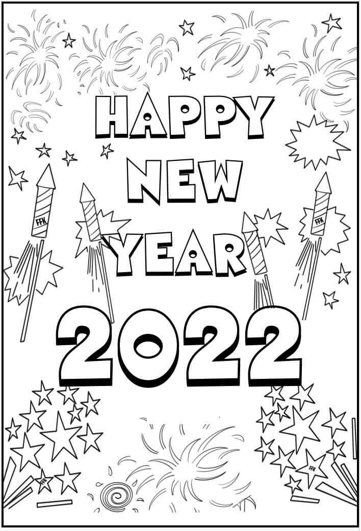 Happy New Year 2022 With Fireworks Coloring Page