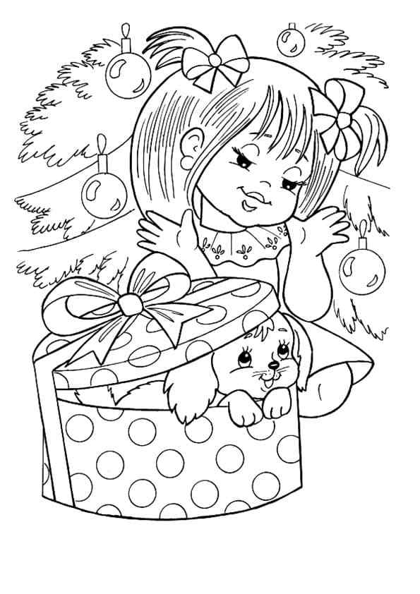 Girl And Christmas Puppy Coloring Page