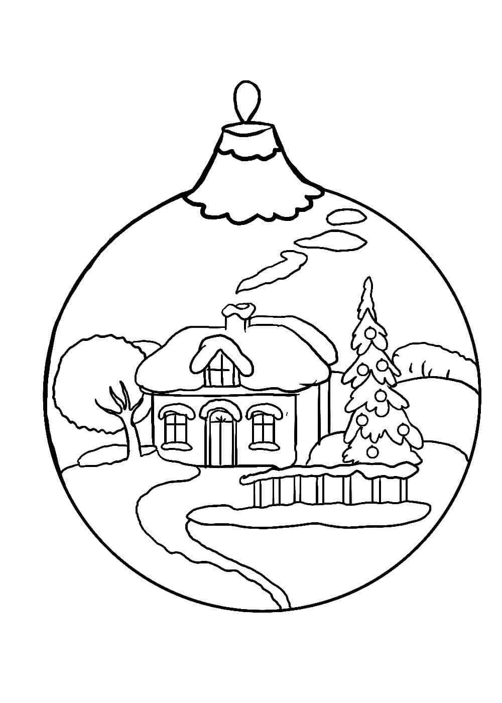 Image Of A Snowy Forest On A Christmas Ball Coloring Page