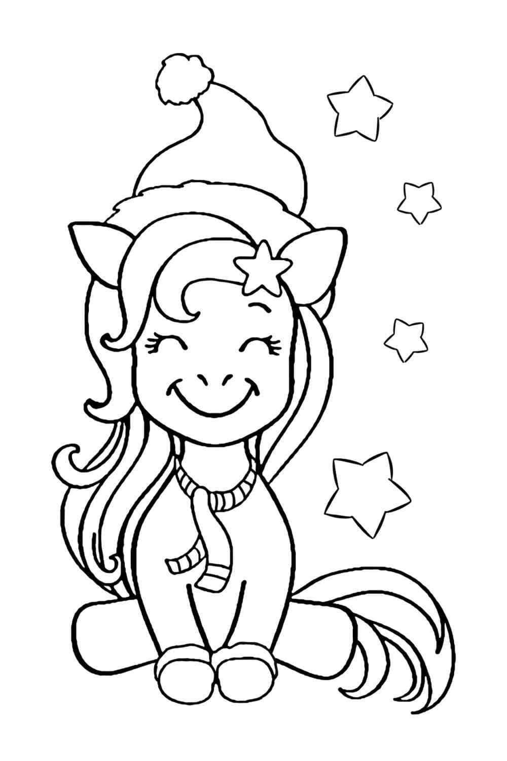 Joyful And Happy Unicorn In Hat Coloring Page