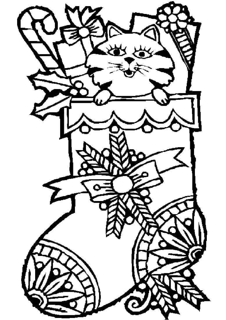 Kitty In Christmas Stockings Coloring Page