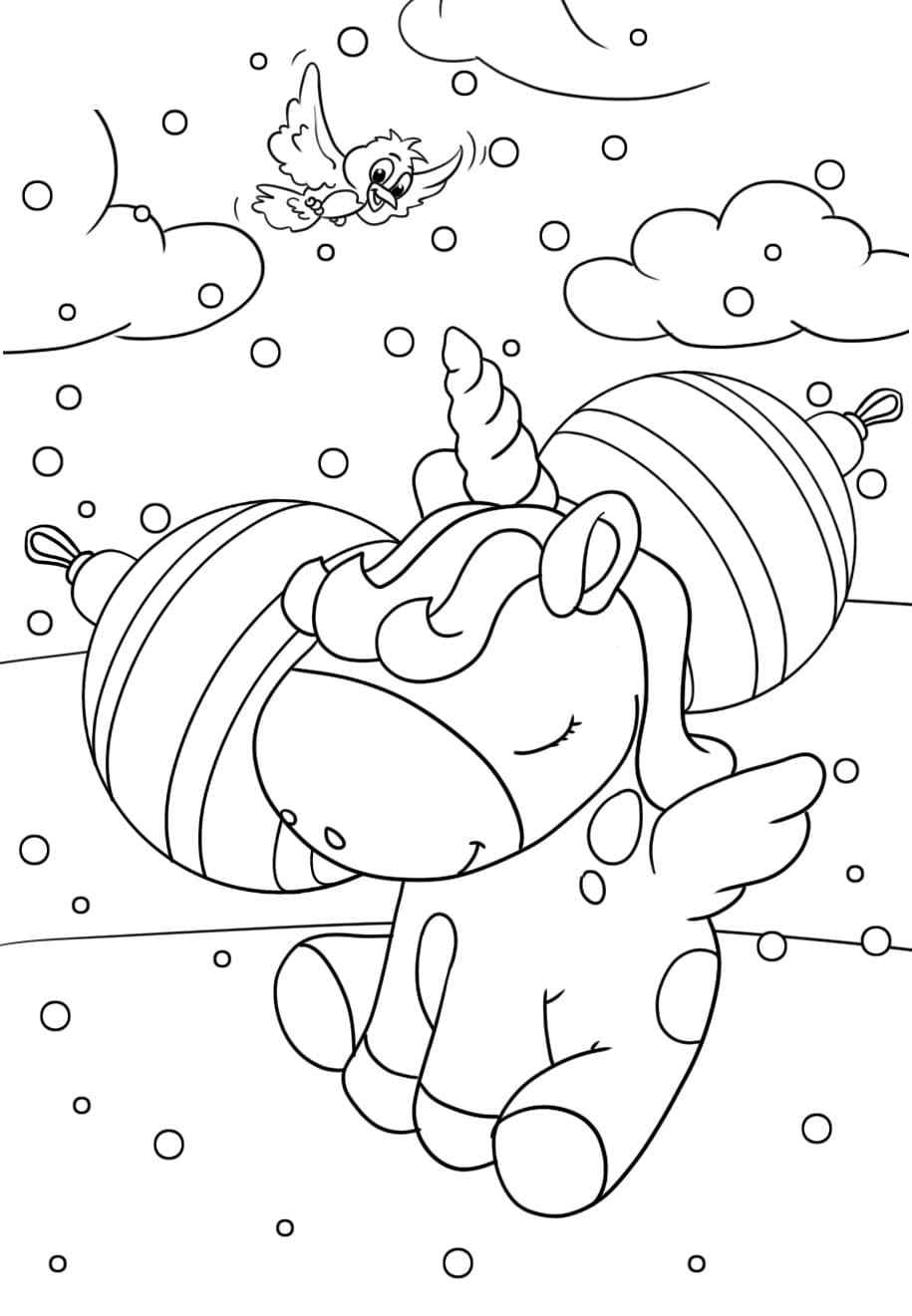 Little Magical Unicorn With Christmas Decorations Coloring Page