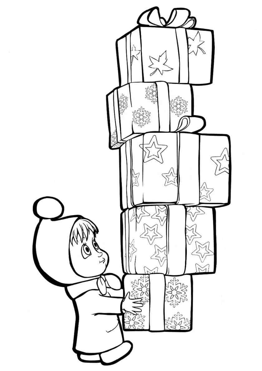 Masha Carries A Mountain Of Gifts Coloring Page