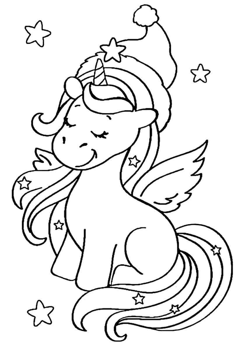 New Cute Unicorn In A Santa Hat Coloring Page
