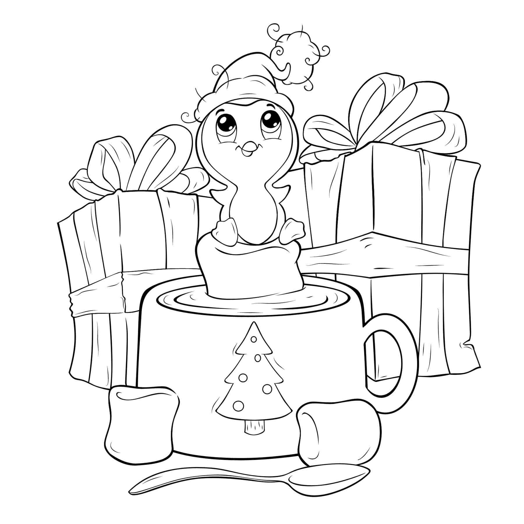 Penguin With Boxes Of Gifts Coloring Page