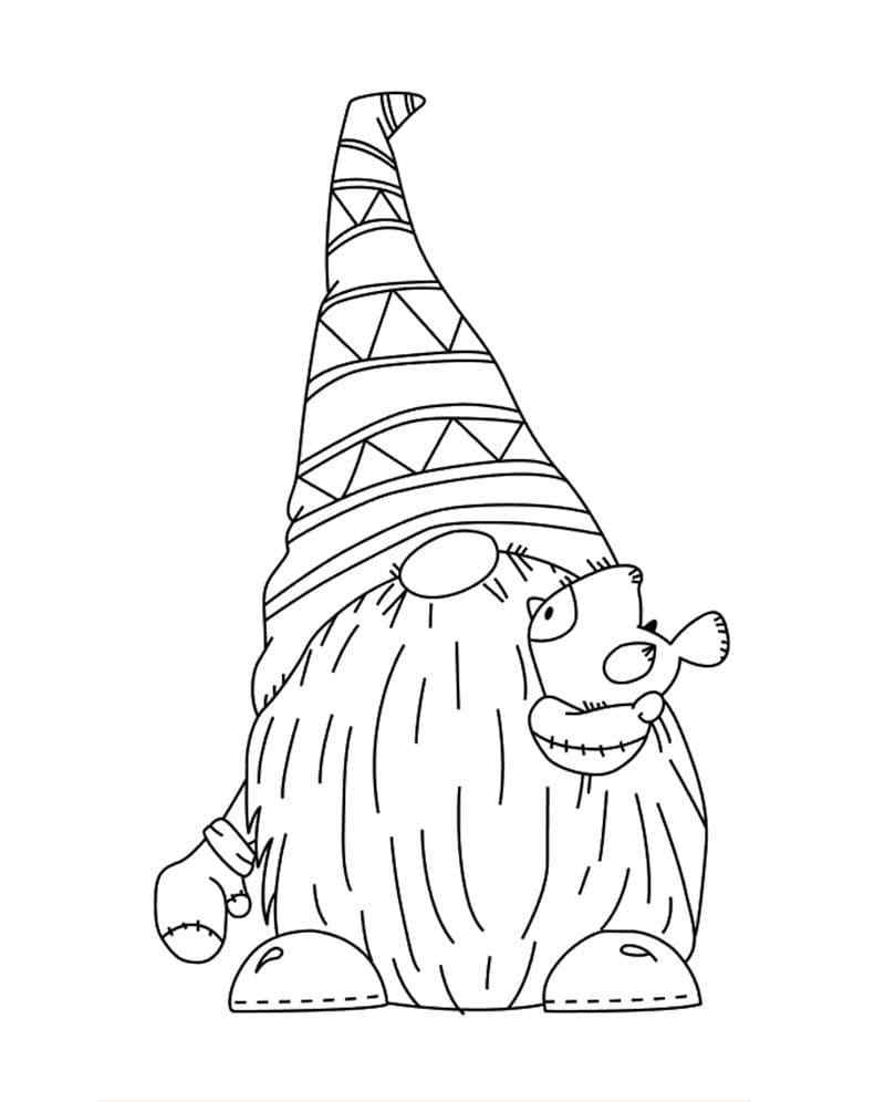 Plush Gnome With Fish Coloring Page