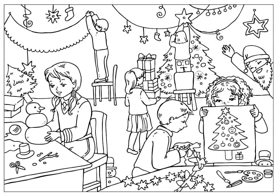 Christmas Bustle In A Large Family Coloring Page