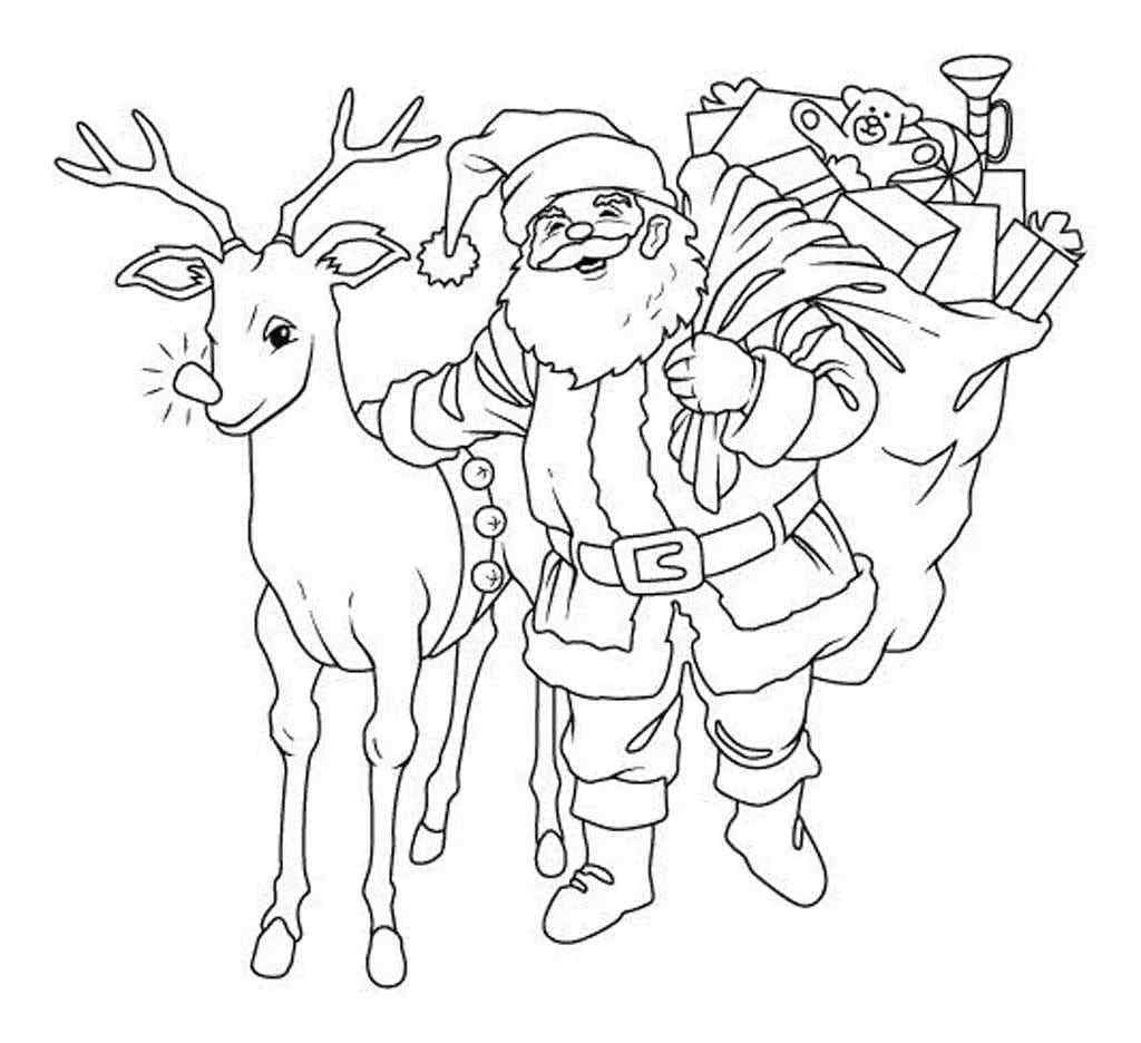 Santa And Reindeer In Christmas For Kids Coloring Page