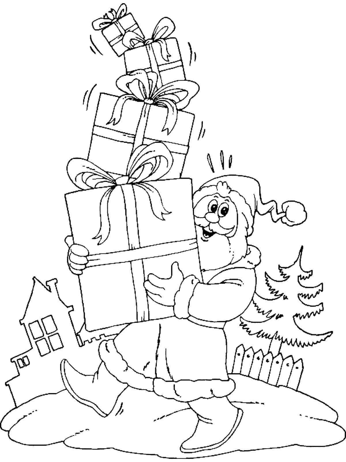 Santa Claus With A Mountain Of Gifts Coloring Page