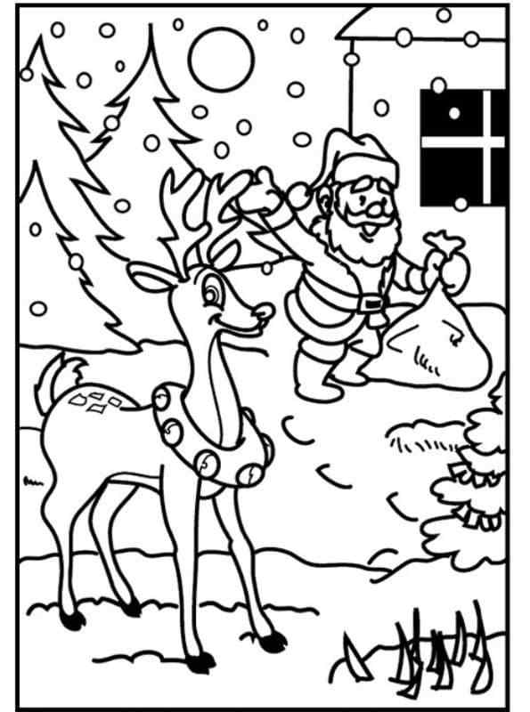 Santa Calls His Reindeer On The Road Coloring Page